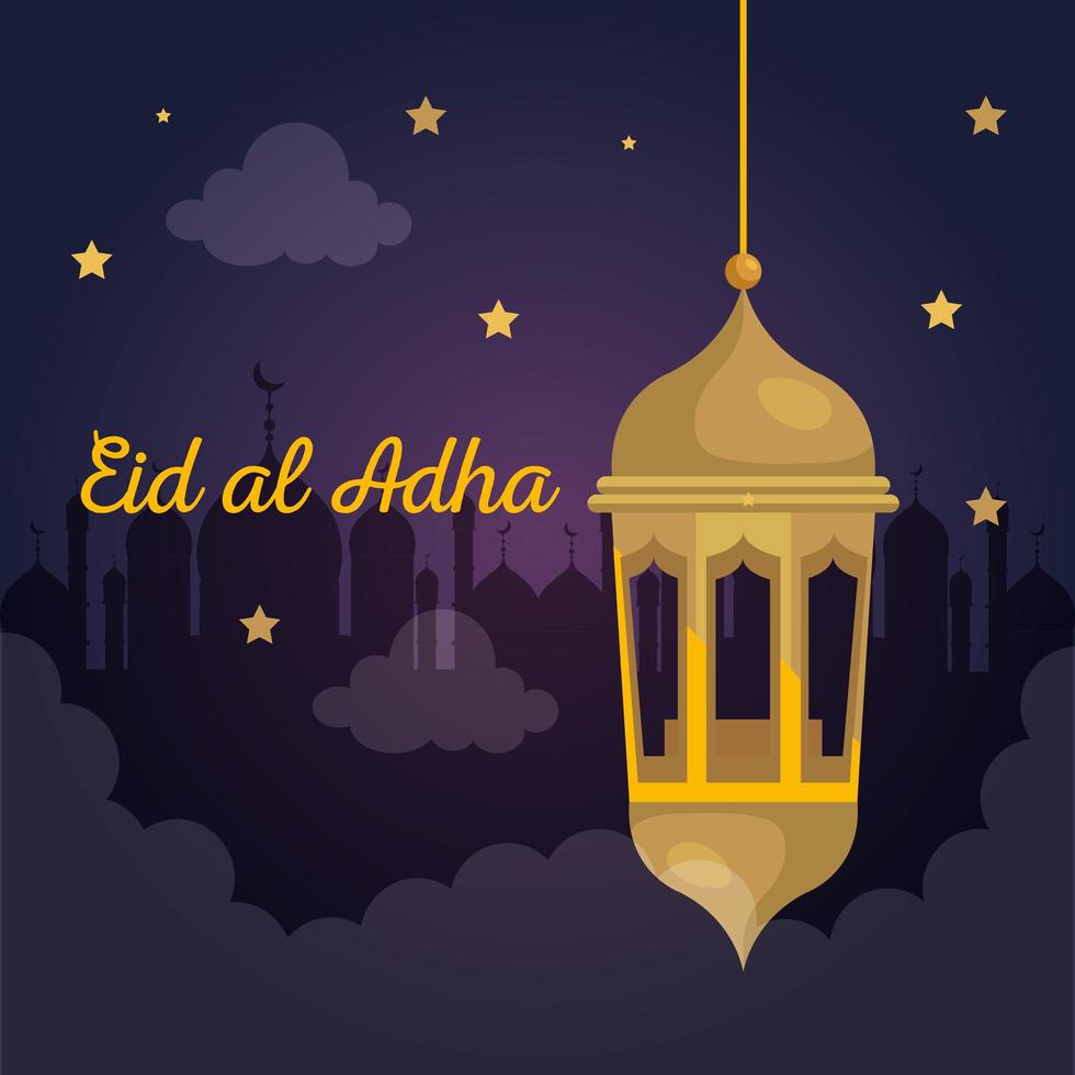 eid al adha mubarak, fröhliches Opferfest, mit goldener Laterne hängende Dekoration vektor