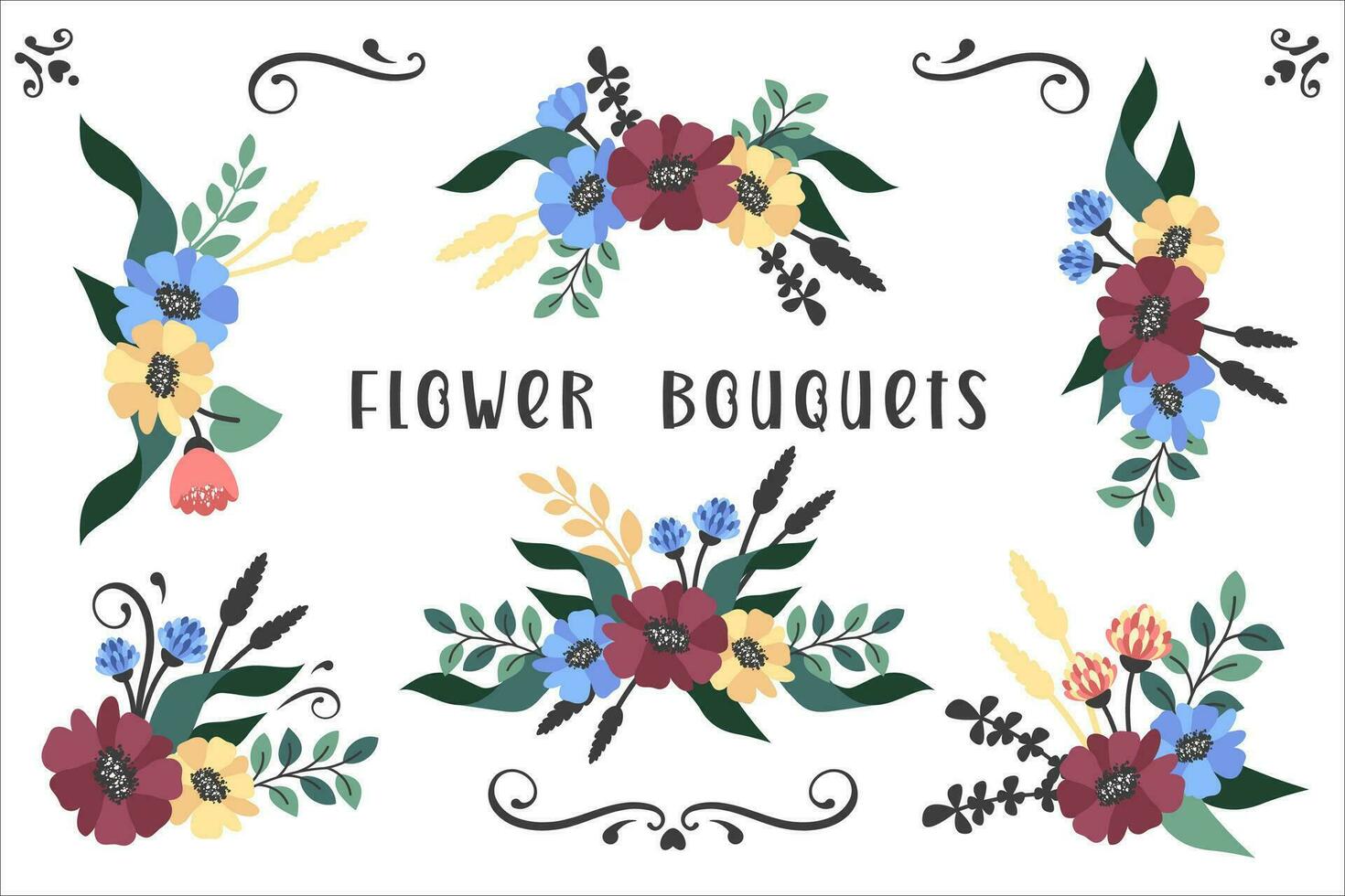 uppsättning av blommig elegant bouguetter. hand dra floristisk mallar med knippa av vildblommor, blomning krans, lövverk, löv. vektor platt illustration för inbjudan, kort, skönhet industri, textil-