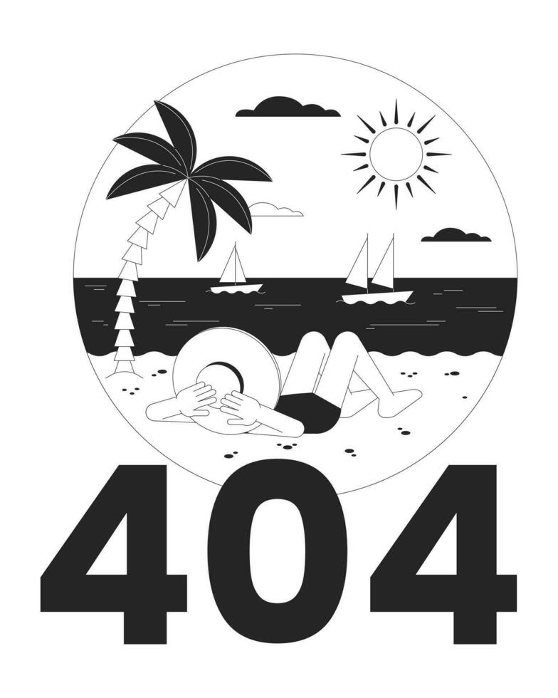 tropisk semester svart vit fel 404 blixt meddelande. hatt kvinna i bikini på strand. sommartid. svartvit tömma stat ui design. sida inte hittades dyka upp tecknad serie bild. vektor platt översikt illustration