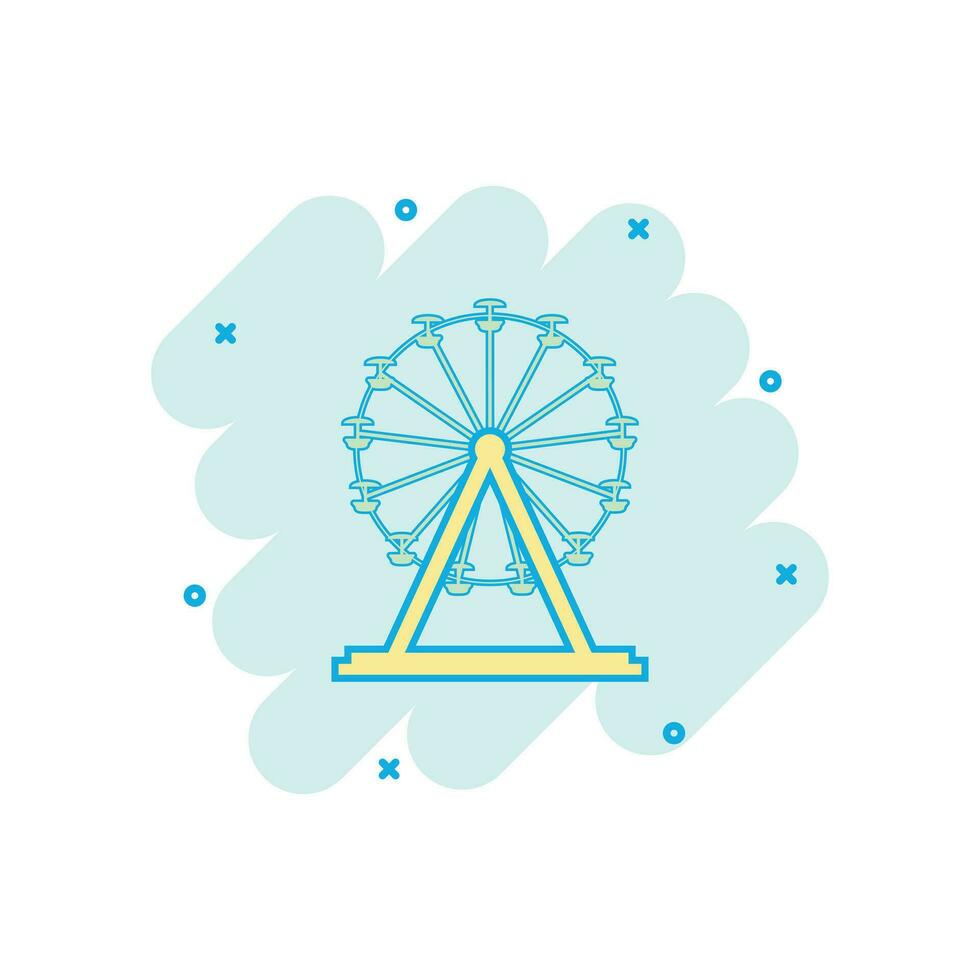 Vektor-Cartoon-Riesenrad-Symbol im Comic-Stil. Karussell im Parkzeichen-Illustrationspiktogramm. Vergnügungsfahrgeschäft Splash-Effekt-Konzept. vektor