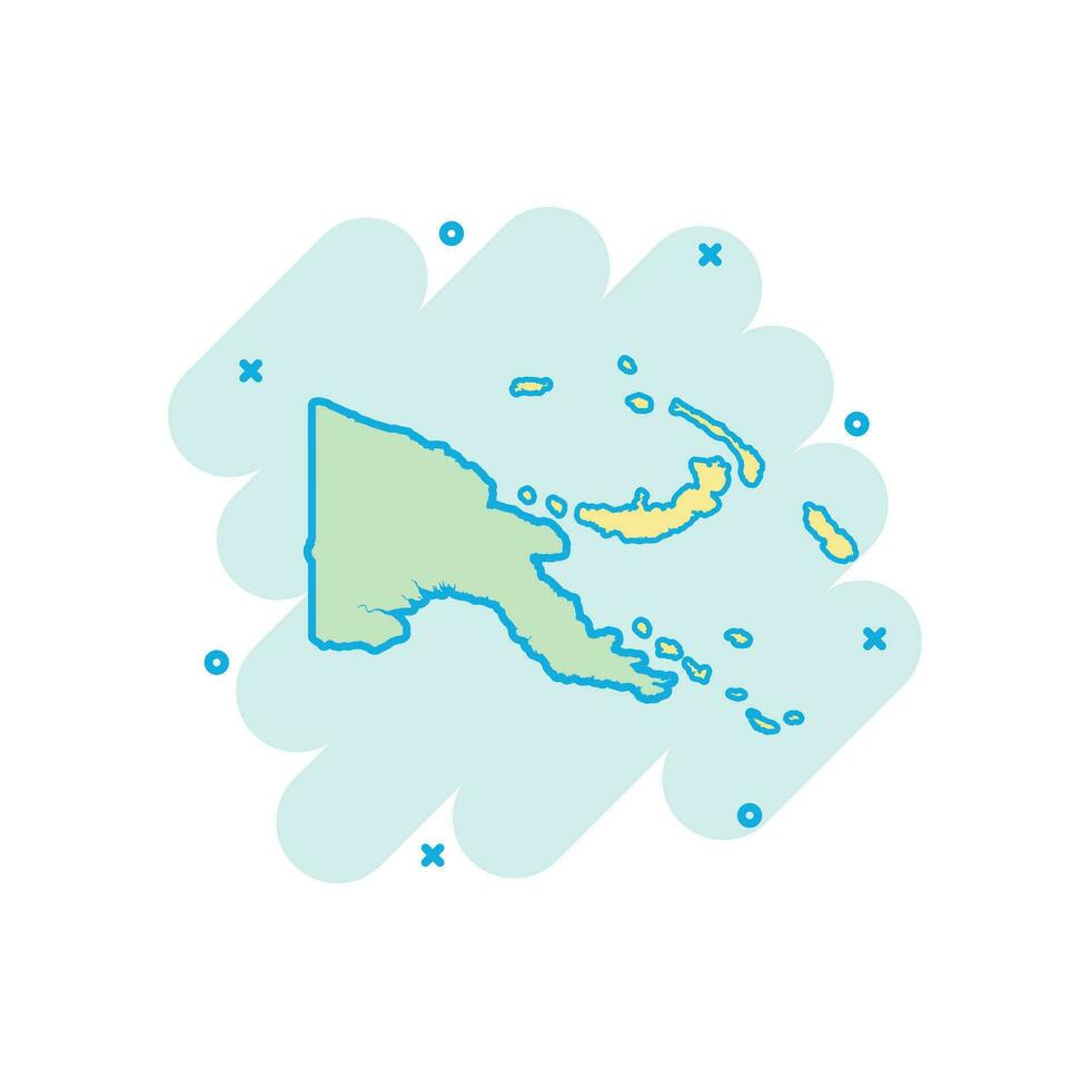 Vektor Karikatur Papua Neu Guinea Karte Symbol im Comic Stil. Papua Neu Guinea Zeichen Illustration Piktogramm. Kartographie Karte Geschäft Spritzen bewirken Konzept.