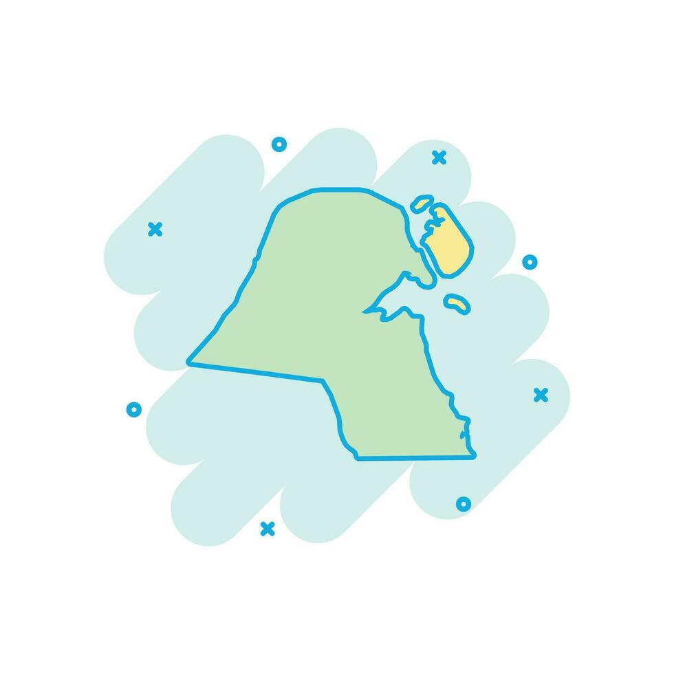 Vektor-Cartoon-Kuwait-Kartensymbol im Comic-Stil. Kuwait-Zeichen-Illustrationspiktogramm. Kartografie-Karten-Business-Splash-Effekt-Konzept. vektor