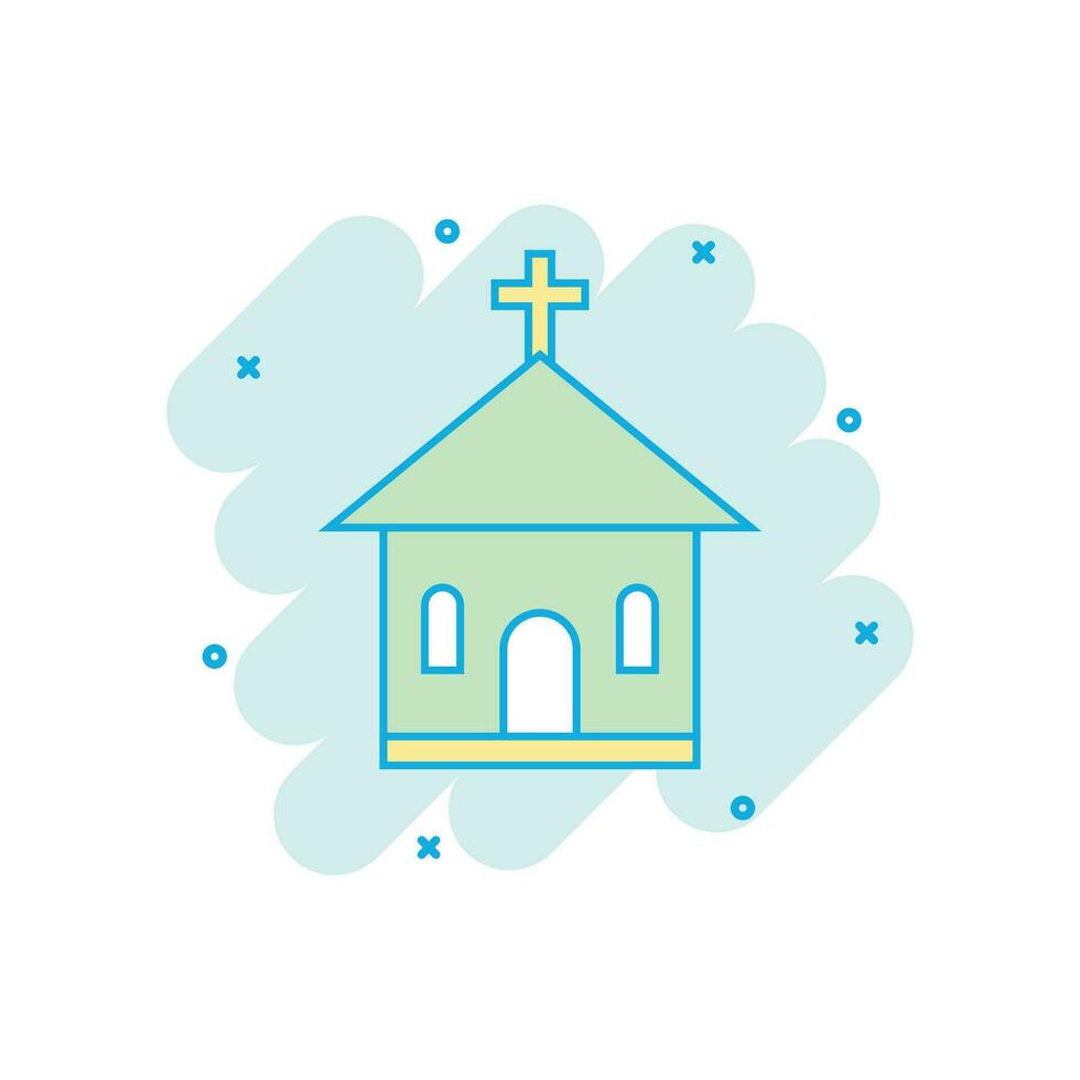 Karikatur farbig Kirche Heiligtum Symbol im Comic Stil. Tempel Gebäude Illustration Piktogramm. Kirche Zeichen Spritzen Geschäft Konzept. vektor