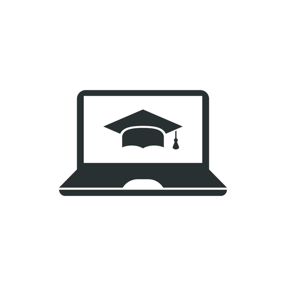 E-Learning Bildung Symbol im eben Stil. Studie Vektor Illustration auf Weiß isoliert Hintergrund. Laptop Computer online Ausbildung Geschäft Konzept.