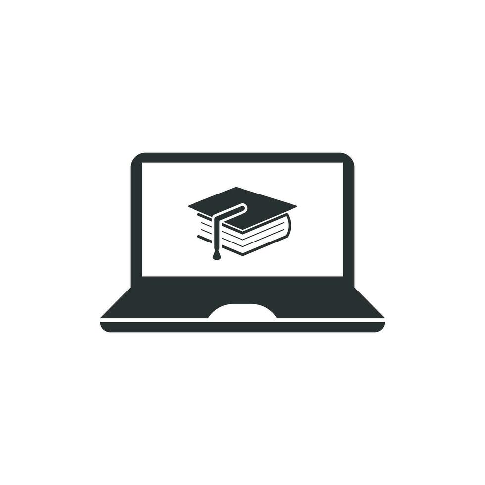 E-Learning Bildung Symbol im eben Stil. Studie Vektor Illustration auf Weiß isoliert Hintergrund. Laptop Computer online Ausbildung Geschäft Konzept.