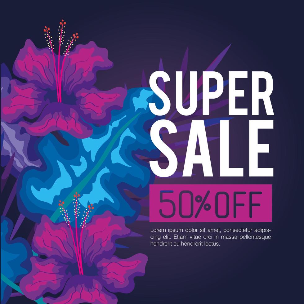 sommar super försäljning femtio procent rabatt, banner med blommor och tropiska löv, exotiska blommor banner vektor