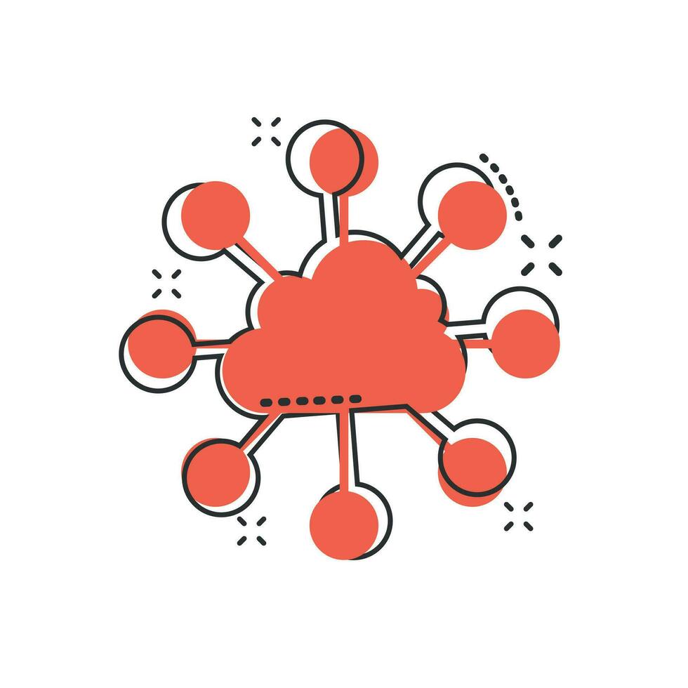 Vektor-Cartoon-Cloud-Computing-Technologie-Symbol im Comic-Stil. Infografik-Analytik-Illustrationspiktogramm. Netzwerk-Business-Splash-Effekt-Konzept. vektor