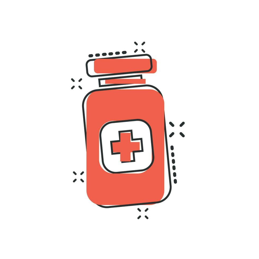 Vektor-Cartoon-Pille-Symbol im Comic-Stil. Tablet-Konzept Illustration Piktogramm. Flasche Medical Business Splash-Effekt-Konzept. vektor