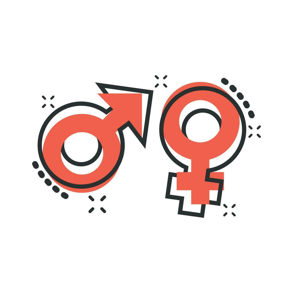 Vektor-Cartoon-Gender-Symbol im Comic-Stil. Männer und Frauen unterzeichnen Illustrationspiktogramm. Sex-Business-Splash-Effekt-Konzept. vektor