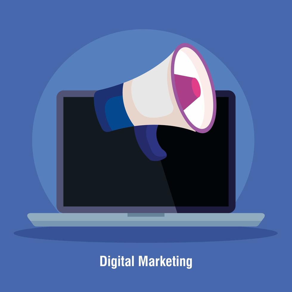 digital marknadsföring online för marknadsföring av företag och sociala medier, marknadsföring av innehåll, bärbar dator med megafon vektor