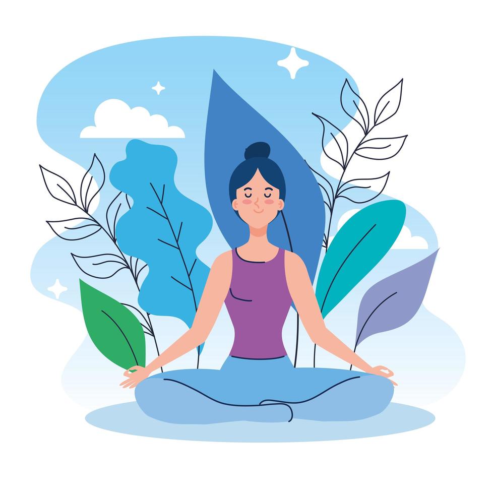 Frau, die in Natur und Blättern meditiert, Konzept für Yoga, Meditation, Entspannung, gesunder Lebensstil vektor