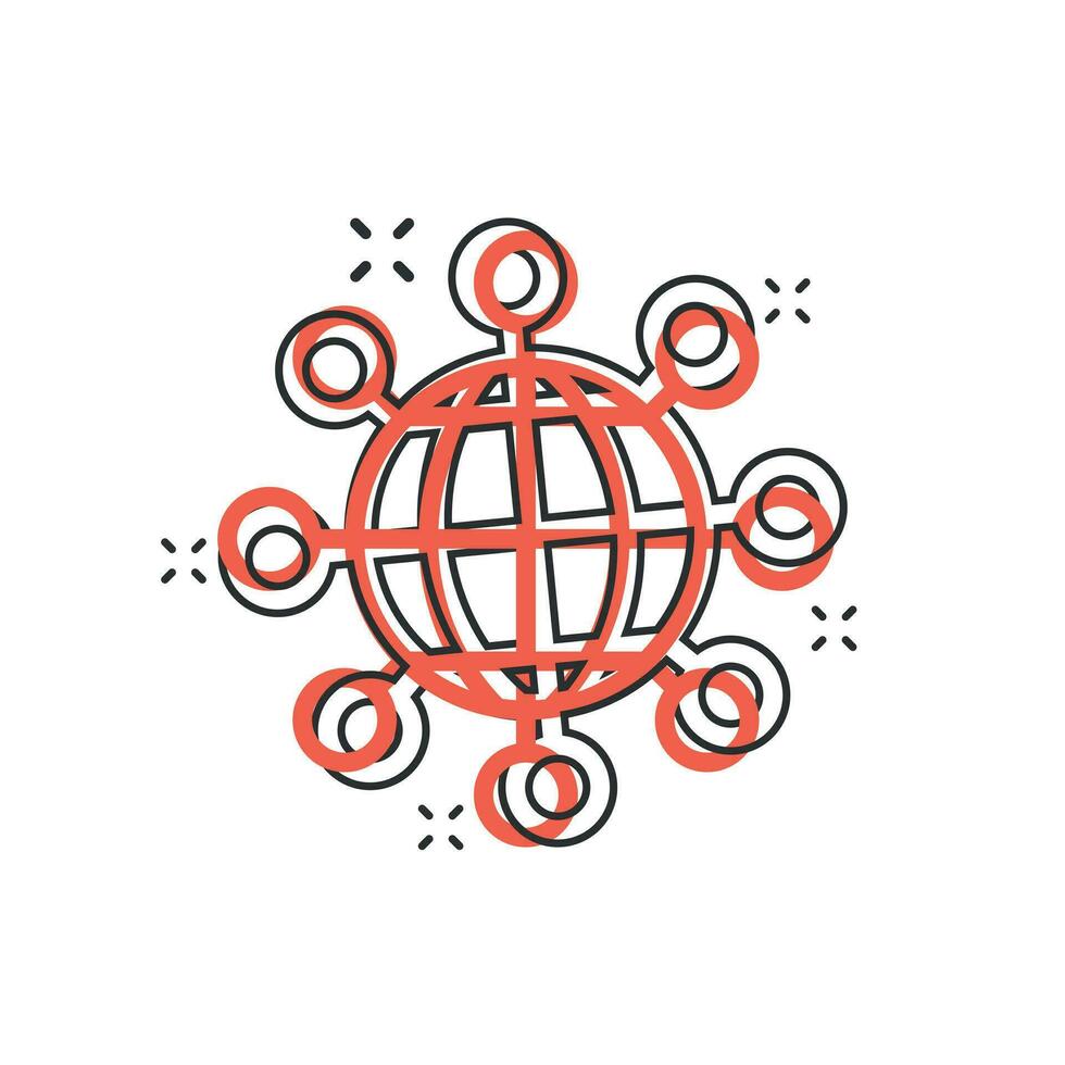 Vektor-Cartoon-Sharing-Globus-Symbol im Comic-Stil. digitales Connect-Konzept-Illustrations-Piktogramm. teamarbeit kommunikation business splash effekt konzept. vektor