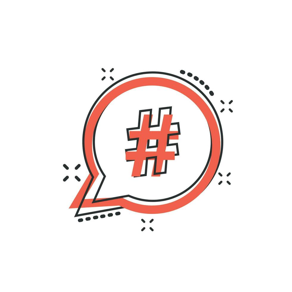 vektor tecknad serie hashtag ikon i komisk stil. social media marknadsföring begrepp illustration piktogram. hashtag nätverk företag stänk effekt begrepp.