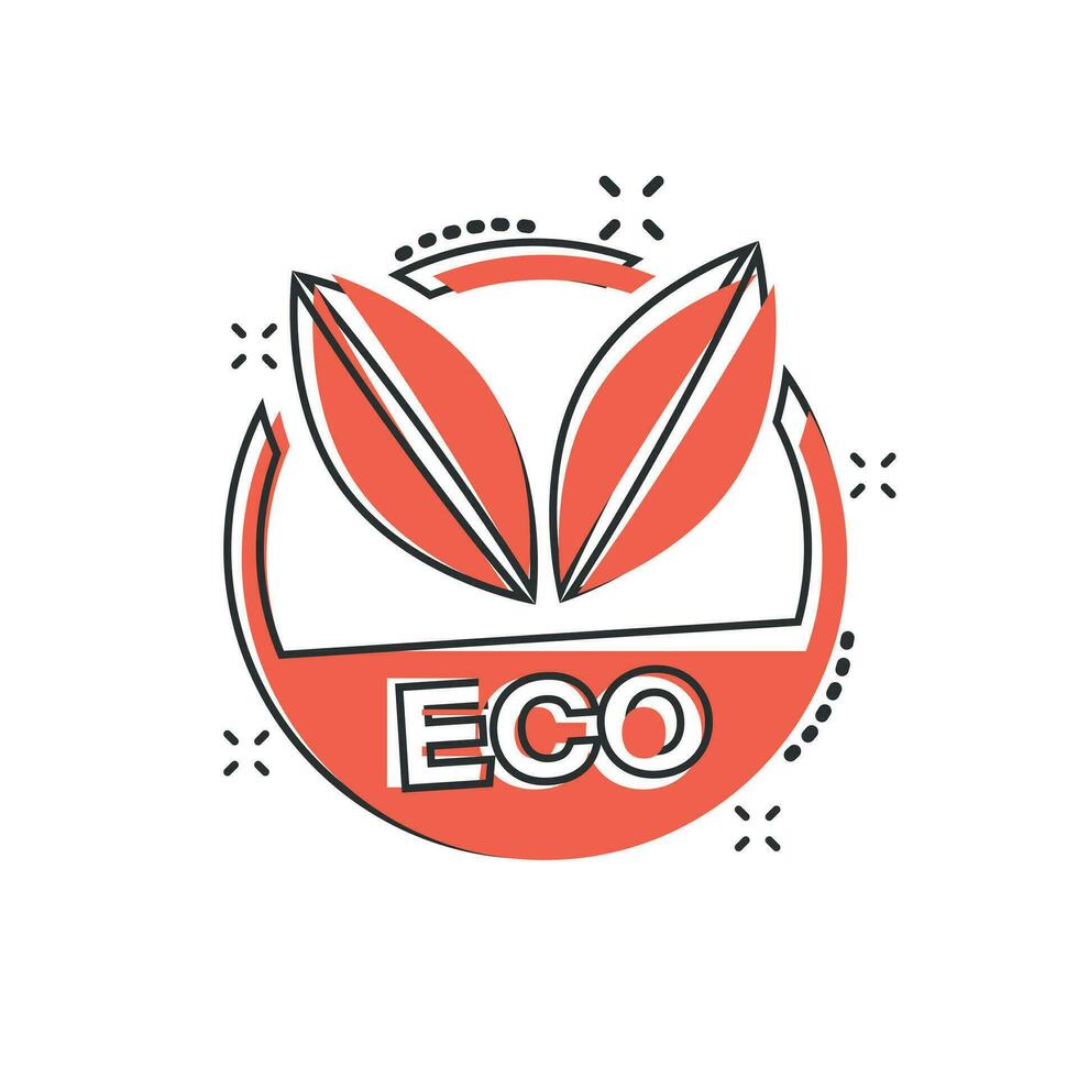 Vektor-Cartoon-Eco-Label-Abzeichen-Symbol im Comic-Stil. Bio-Produkt Stempel Konzept Illustration Piktogramm. Eco Natural Food Business Splash-Effekt-Konzept. vektor