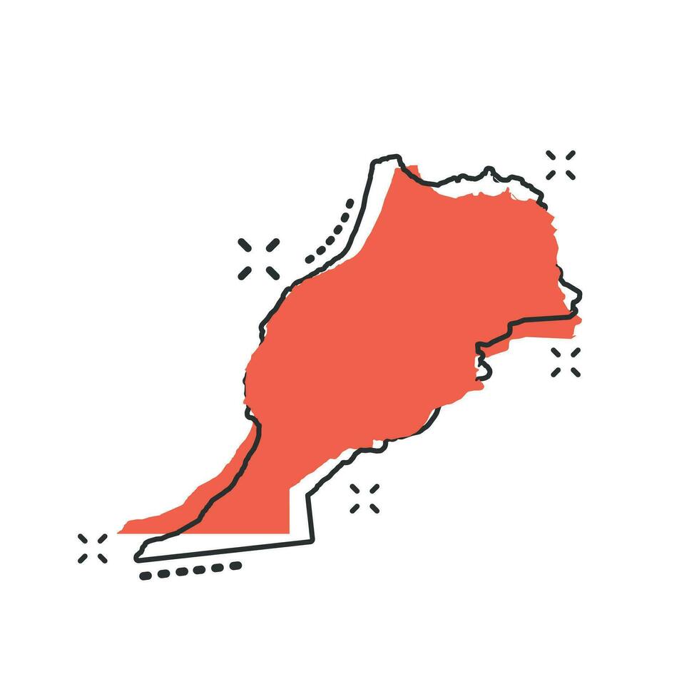 Vektor Cartoon Marokko Kartensymbol im Comic-Stil. marokko zeichen illustration piktogramm. Kartografie-Karten-Business-Splash-Effekt-Konzept.