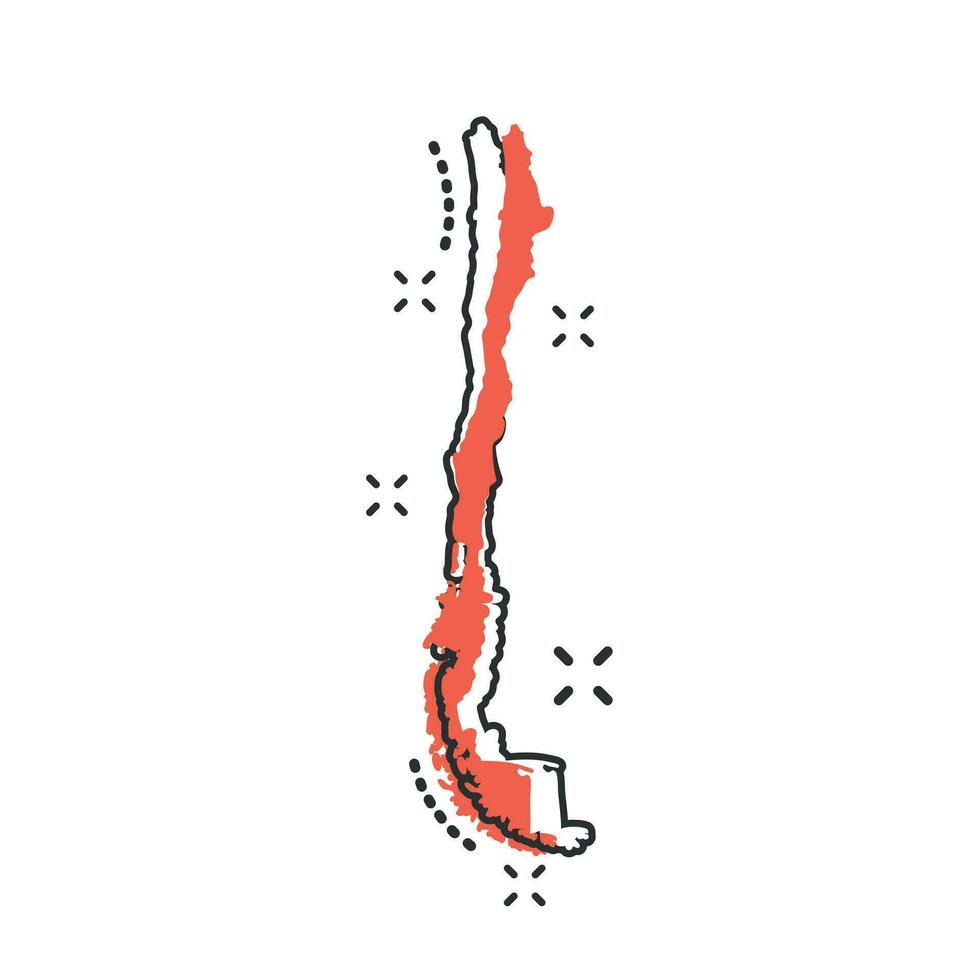 Vektor Karikatur Chile Karte Symbol im Comic Stil. Chile Zeichen Illustration Piktogramm. Kartographie Karte Geschäft Spritzen bewirken Konzept.