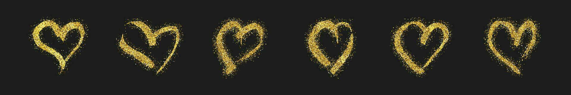 einstellen von sechs Gold funkeln Gekritzel Herzen auf dunkel Hintergrund. Gold Grunge Hand gezeichnet Herz. romantisch Liebe Symbol. Vektor Illustration.