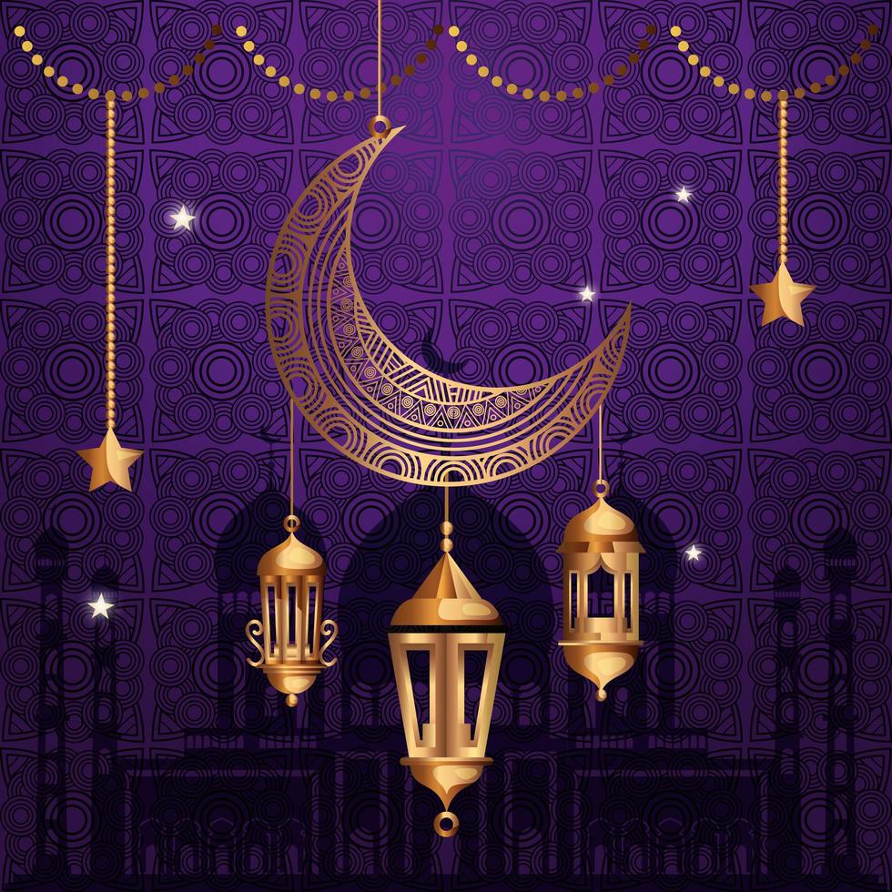 ramadan kareem affisch med månen och lyktor hängande vektor