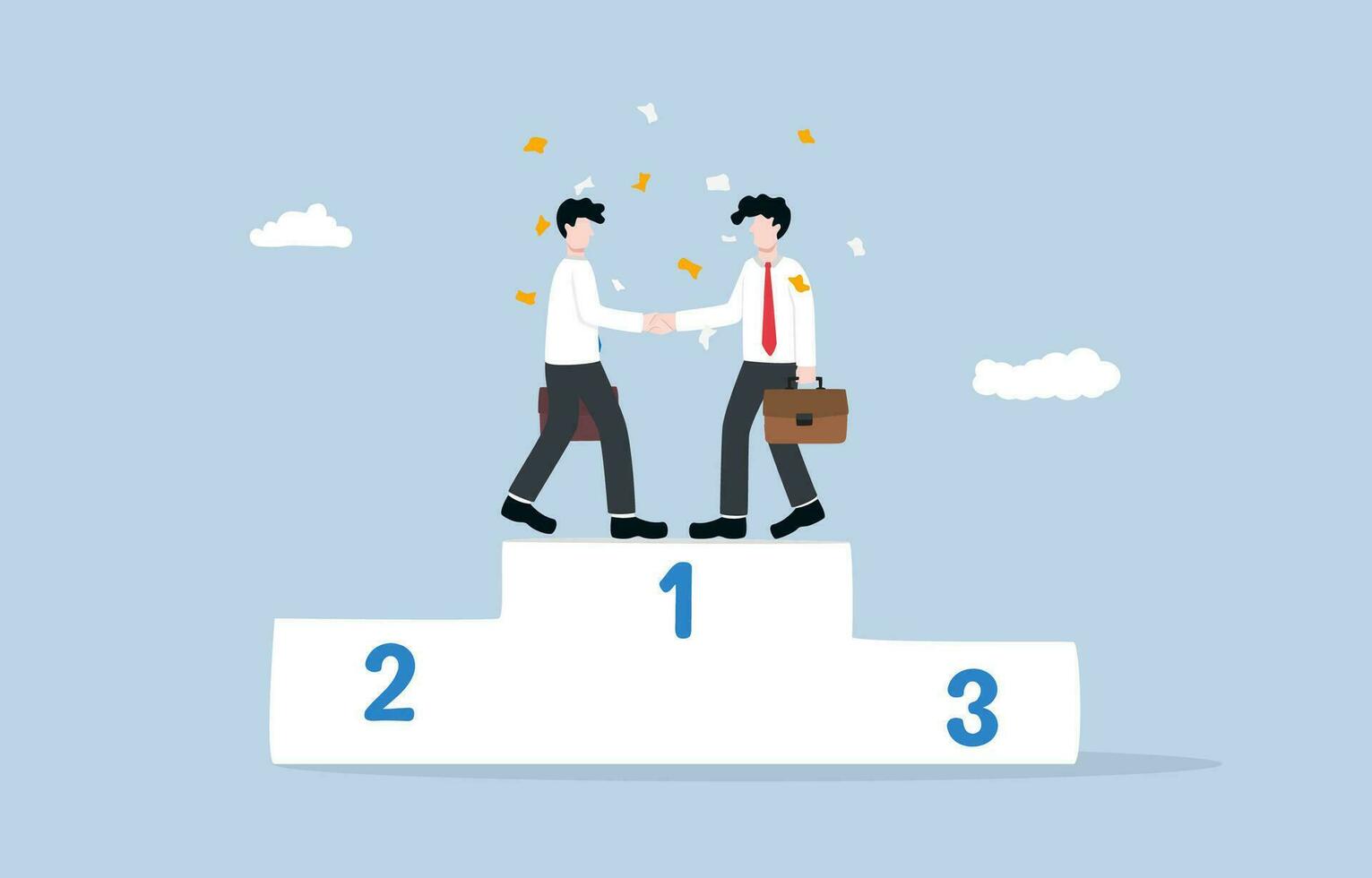 Win-Win Strategie, Geschäft gegenseitig gewinnen, Verhandlung zu Ergebnis positiv Ergebnis zum alle Partner Konzept, Geschäftsleute Händeschütteln auf zuerst Platz Podium. vektor