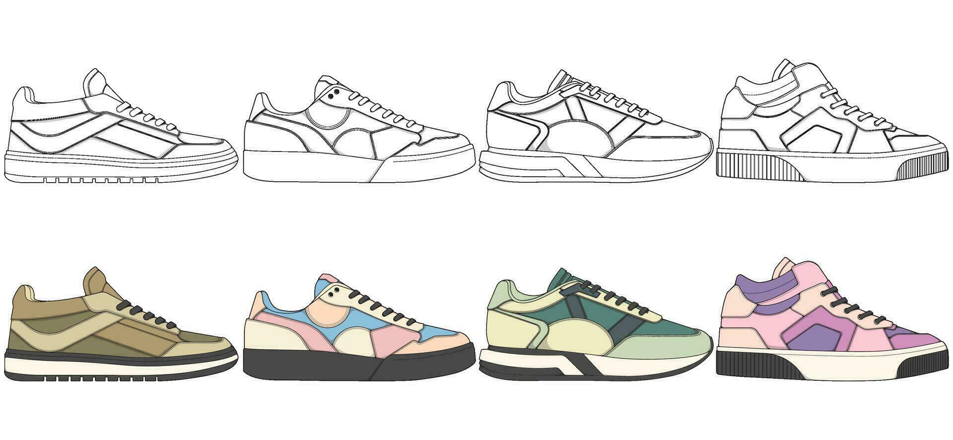 einstellen von Schuhe Sneaker Zeichnung Vektor, Turnschuhe gezeichnet im ein skizzieren Stil, Bündelung Turnschuhe Sportschuhe Vorlage, Vektor Illustration.