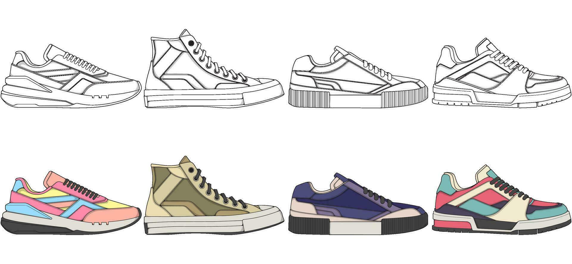 einstellen von Schuhe Sneaker Zeichnung Vektor, Turnschuhe gezeichnet im ein skizzieren Stil, Bündelung Turnschuhe Sportschuhe Vorlage, Vektor Illustration.