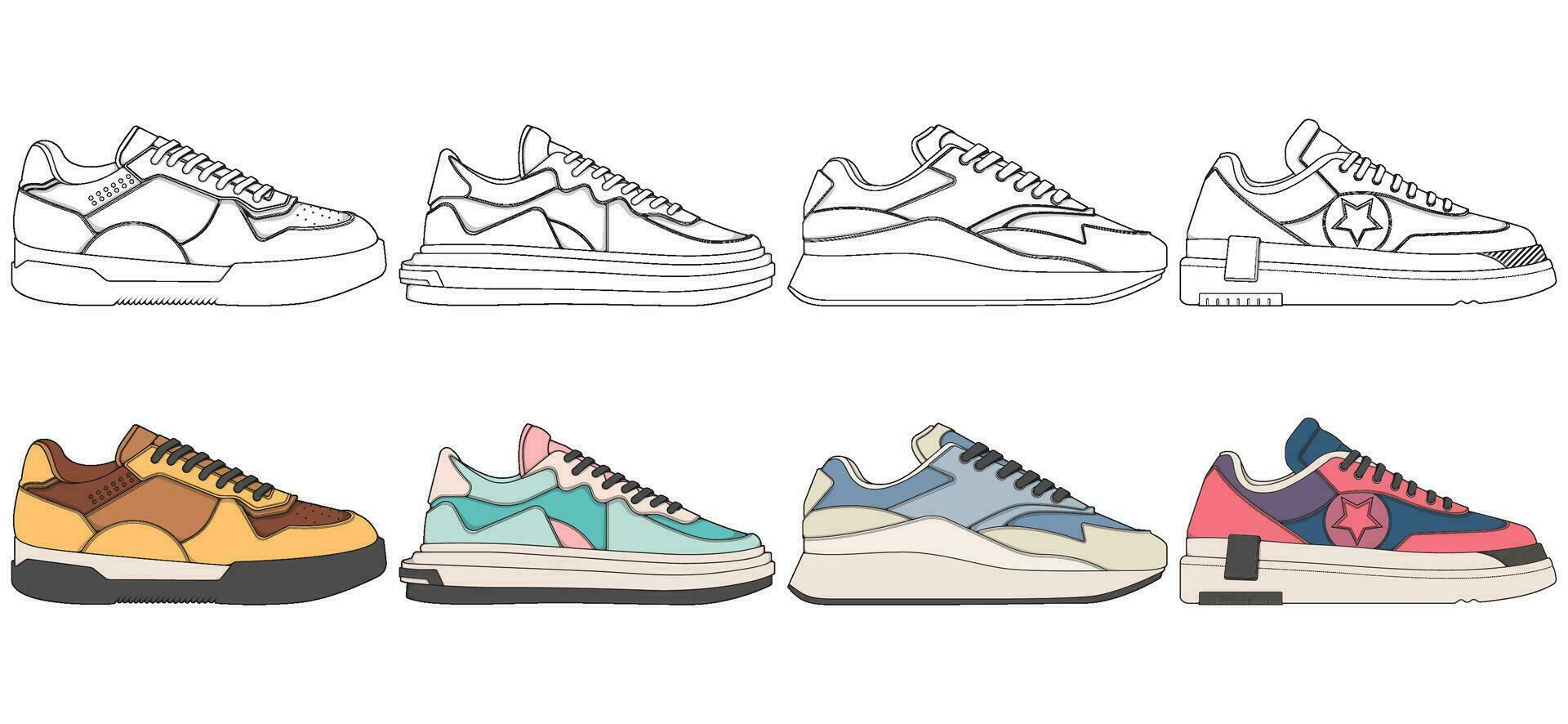 einstellen von Schuhe Sneaker Zeichnung Vektor, Turnschuhe gezeichnet im ein skizzieren Stil, Bündelung Turnschuhe Sportschuhe Vorlage, Vektor Illustration.