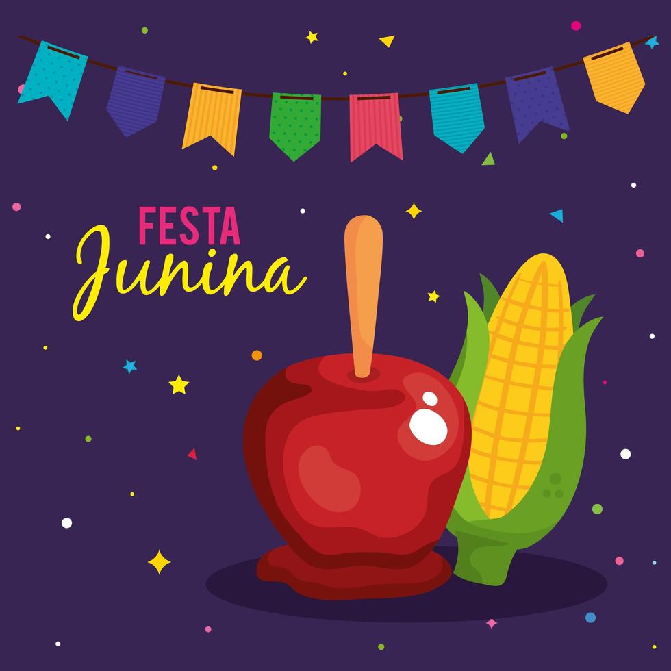 festa junina affisch med äpple godis och cob vektor