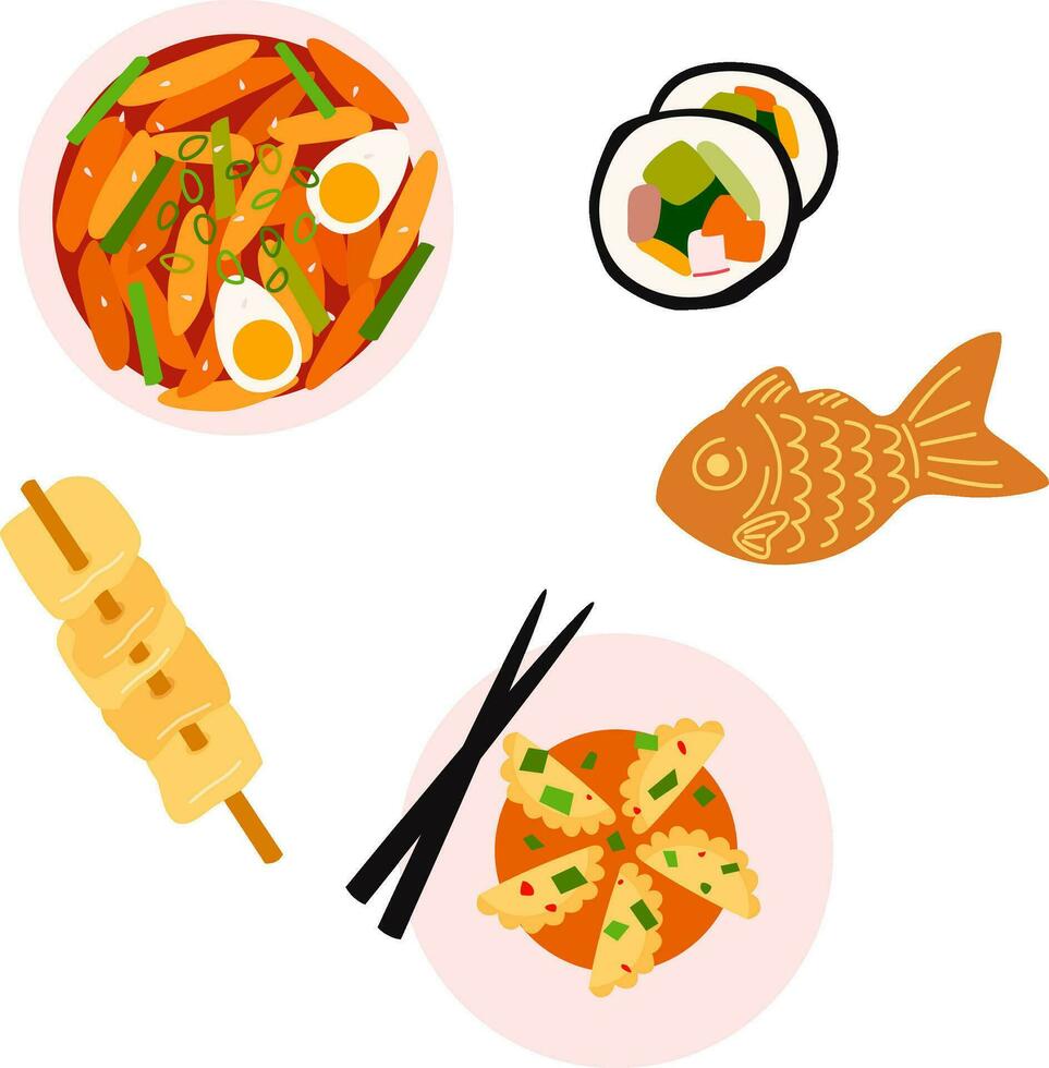 einstellen Koreanisch Lebensmittel. tteokbokki, Gimbap, kkochi eamuk, Bungeoppang und mandu. asiatisch Küche Teller. geeignet zum Menüs im Restaurants und Cafés. Vektor eben Karikatur Illustration.