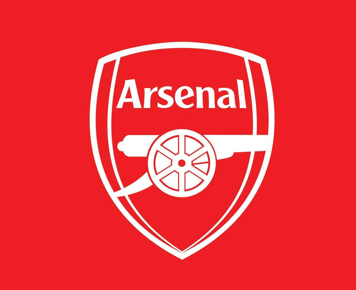 arsenal klubb logotyp vit symbol premiärminister liga fotboll abstrakt design vektor illustration med röd bakgrund