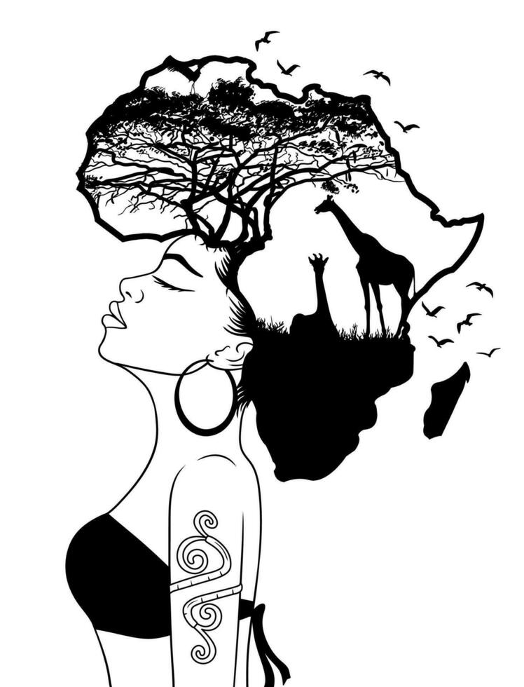 afrikansk kvinna sida profil med hår i de form av en Karta av afrika. vektor linje teckning