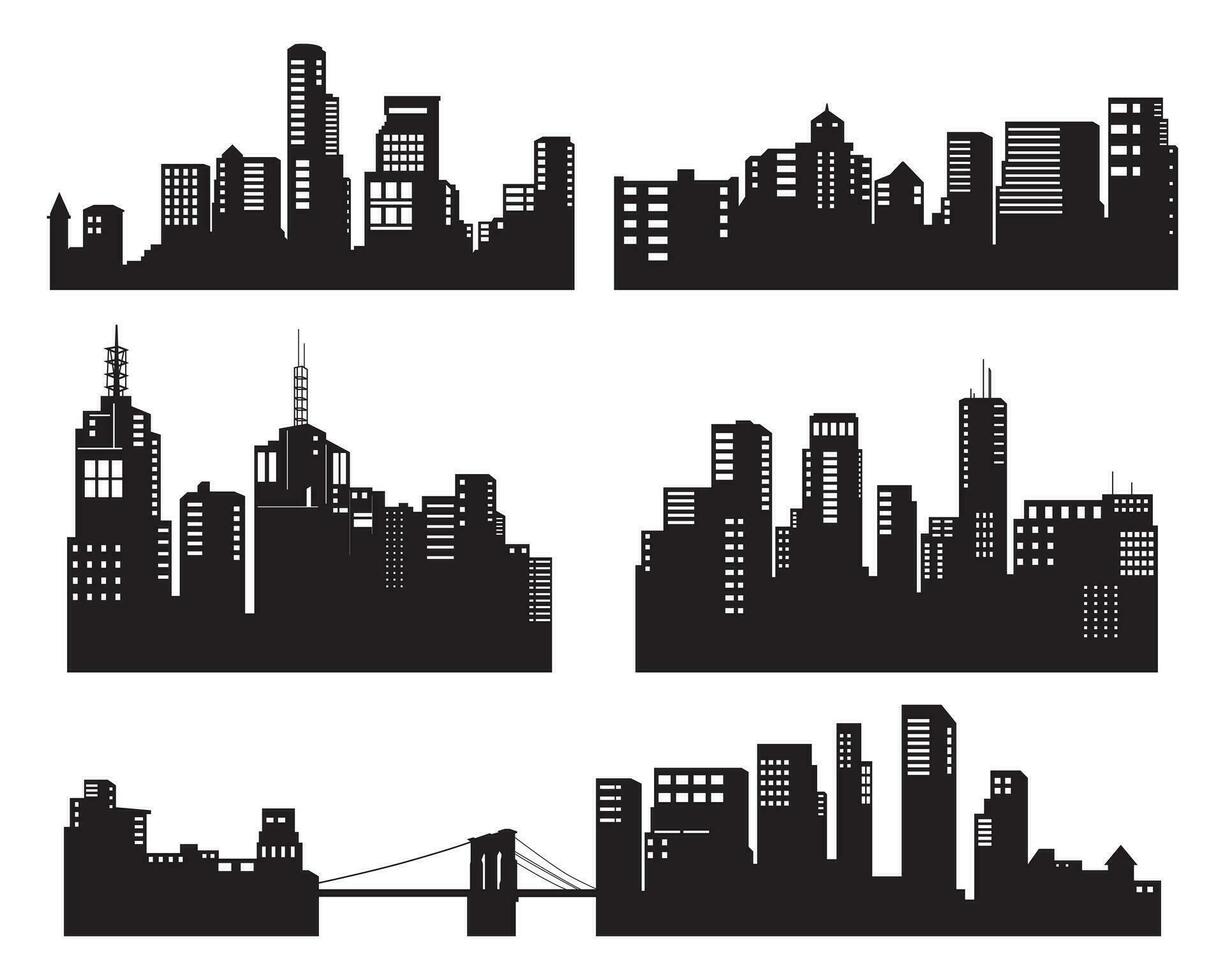 samling av silhuetter urban byggnader isolerat på vit bakgrund vektor