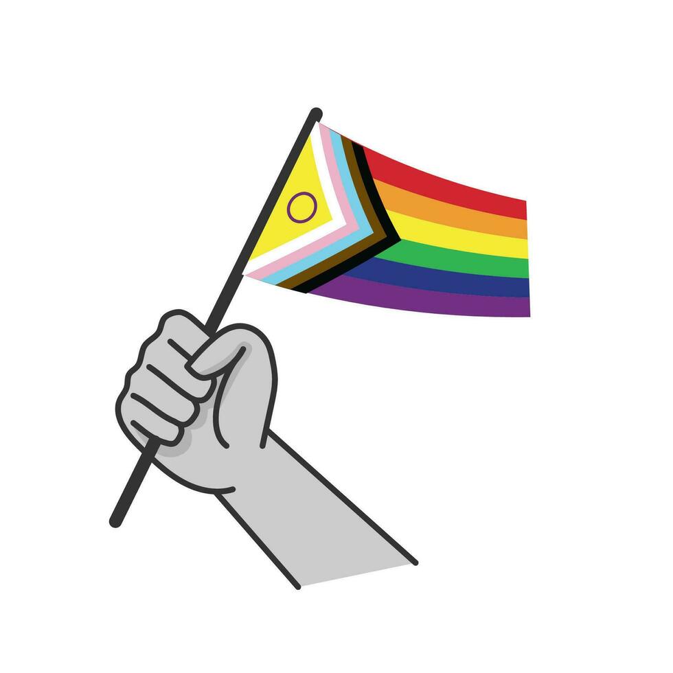 Hand halten lgbt Regenbogen Flagge. Karikatur Arm Gekritzel halten Stolz Symbol. Geschlecht Vielfalt Darstellung. vektor