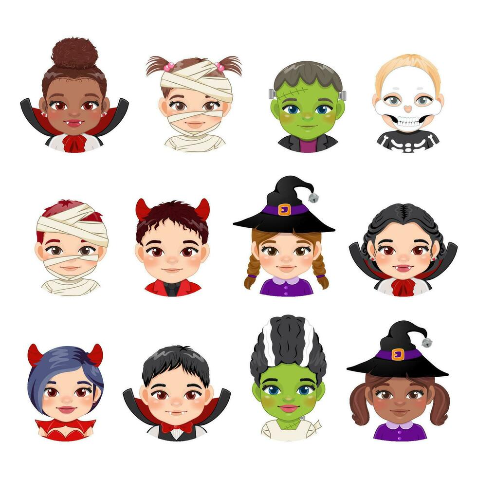 halloween samling med söt barn ansikten och halloween ha på sig, mamma, vampyr, häxa, jäkel, frankenstein och fru, skelett spöke vektor