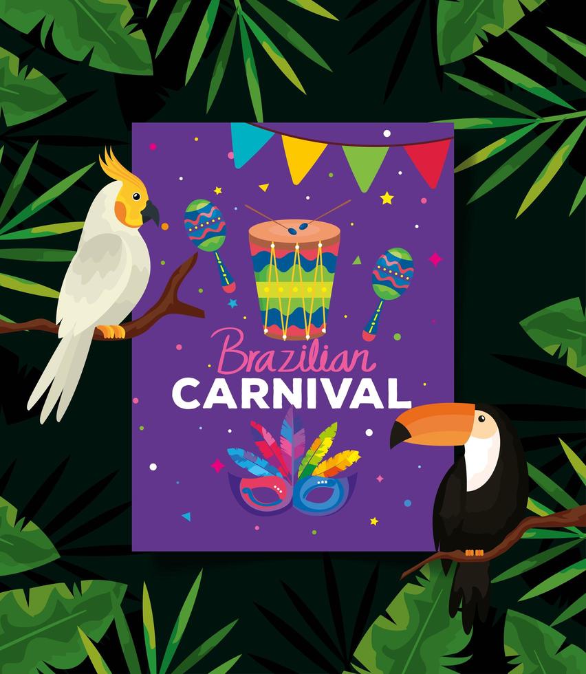 Plakat des brasilianischen Karnevals mit Vögeln und tropischen Blättern vektor