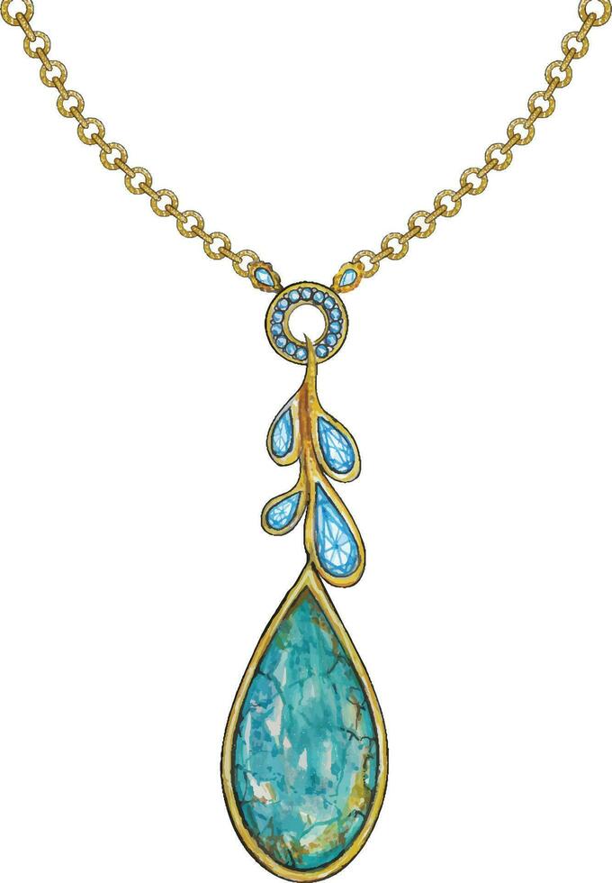 Smycken design uppsättning med turkos och blå topas guld halsband. hand teckning och målning göra grafisk vektor. vektor