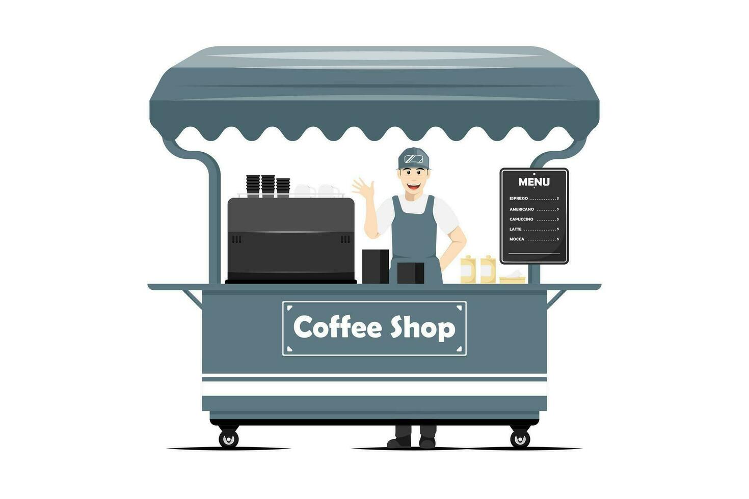 tecknad serie kaffe affär vagn med manlig försäljare på isolerat bakgrund, digital marknadsföring illustration. vektor