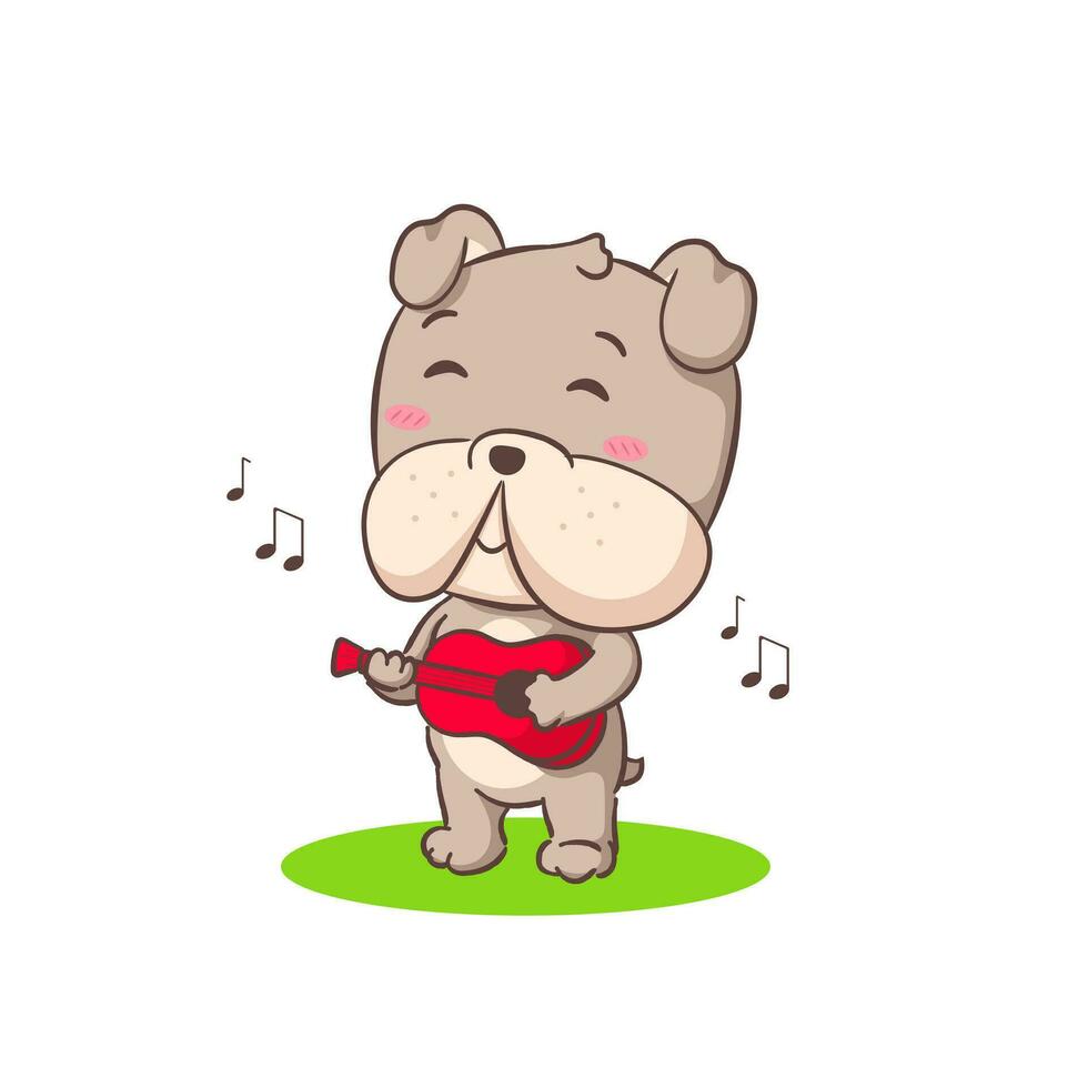 süß Bulldogge spielen Gitarre Karikatur Charakter. bezaubernd Tier Konzept eben Design. isoliert Weiß Hintergrund. Vektor Kunst Illustration.