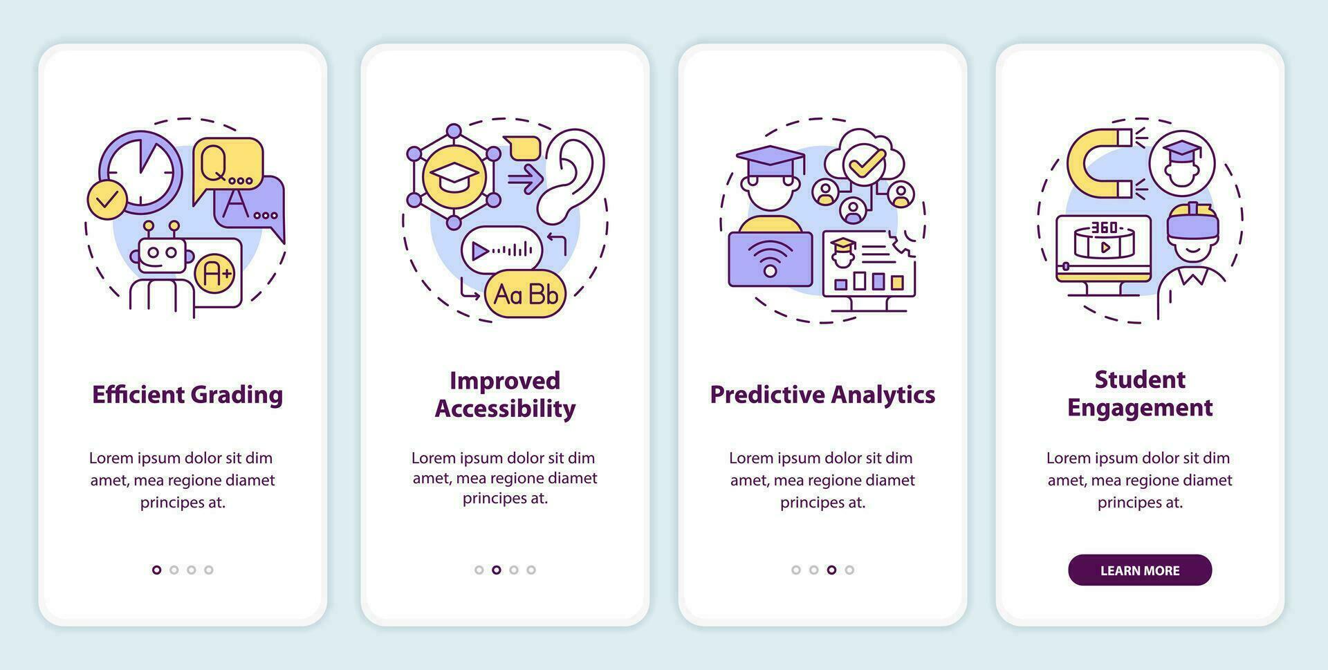 4 Schritte 2d Mehrfarbig Symbole Darstellen ai im Ausbildung, Grafik Anleitung mit linear Konzepte, App Bildschirm. vektor