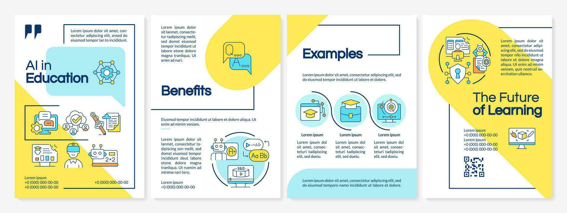 ai i utbildning blå och gul broschyr mall, omslag design med linjär ikoner. 4 vektor layouter representerar framtida av inlärning.