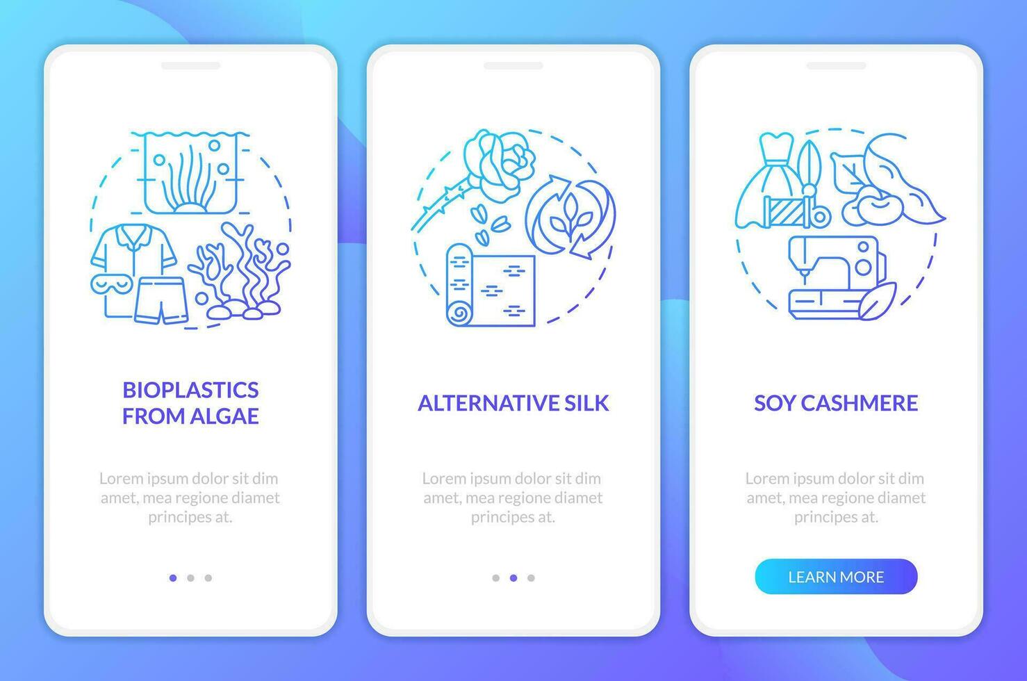 bio basierend Textil- Blau Gradient Onboarding Handy, Mobiltelefon App Bildschirm. Komplettlösung 3 Schritte Grafik Anleitung mit linear Konzepte. ui, ux, gui Vorlage vektor