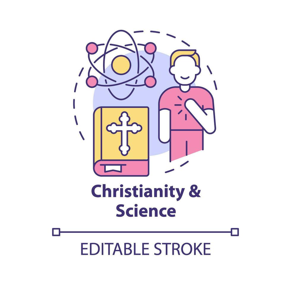 Christentum und Wissenschaft Konzept Symbol. Union von Glauben und lernen. innovativ Religion abstrakt Idee dünn Linie Illustration. isoliert Gliederung Zeichnung. editierbar Schlaganfall vektor