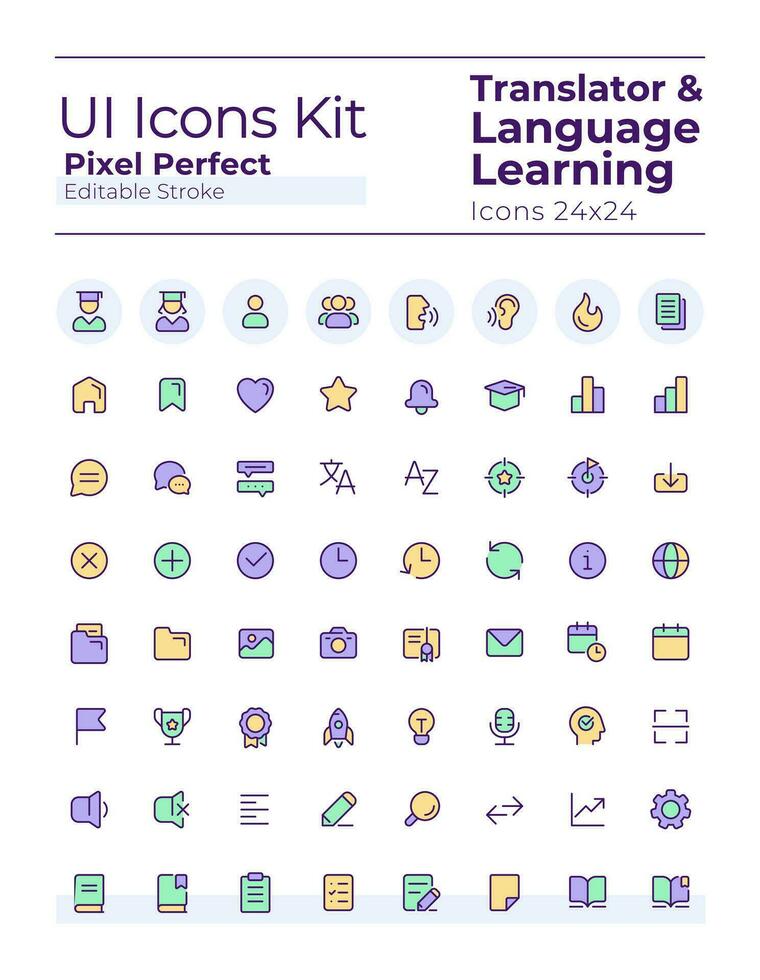 översättare pixel perfekt rgb Färg ui ikoner uppsättning. språk inlärning. kommunikation. gui, ux design för mobil app. vektor isolerat piktogram. redigerbar stroke