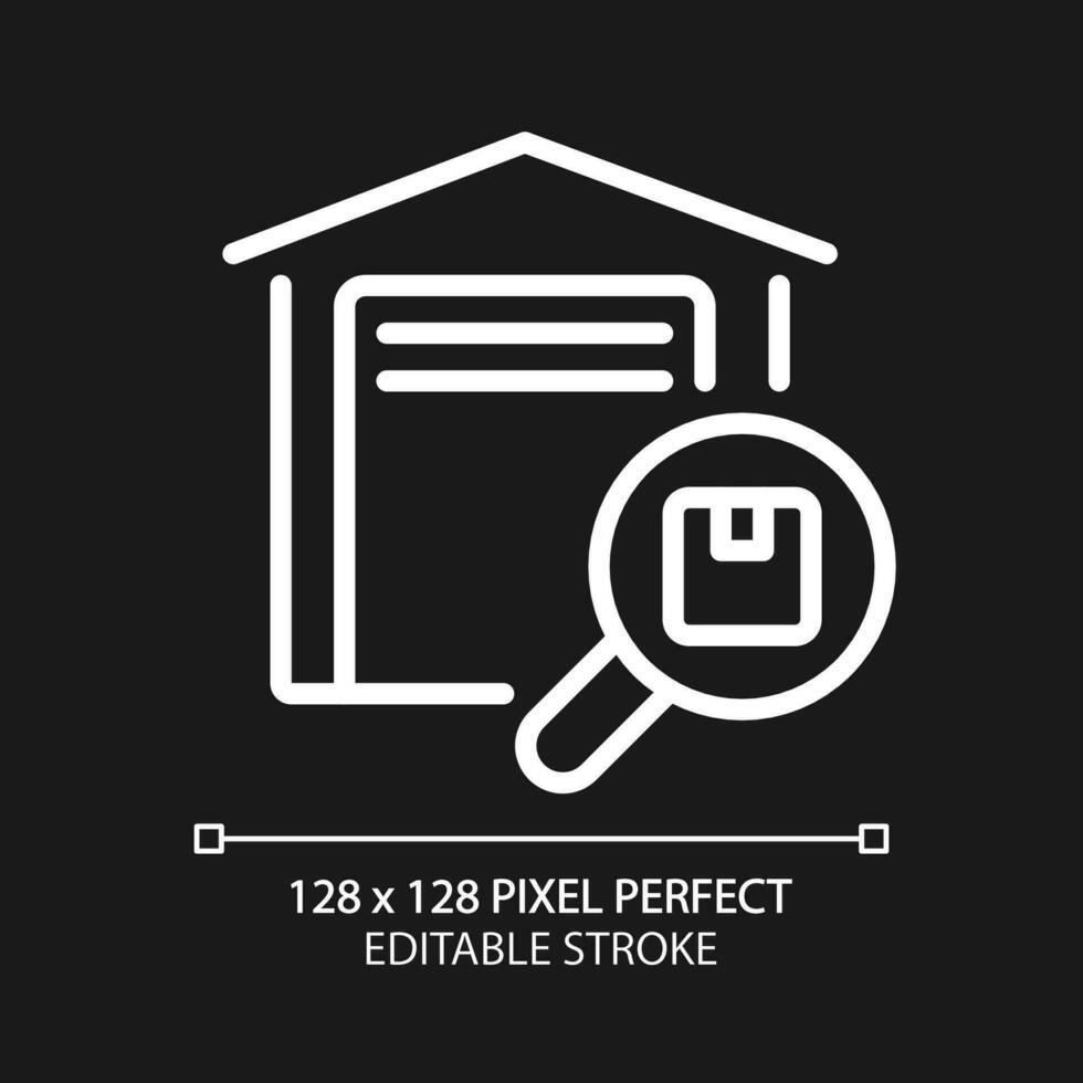 Inventar Verwaltung Pixel perfekt Weiß linear Symbol zum dunkel Thema. Waren Lagerung. Lieferung Service. dünn Linie Illustration. isoliert Symbol zum Nacht Modus. editierbar Schlaganfall vektor