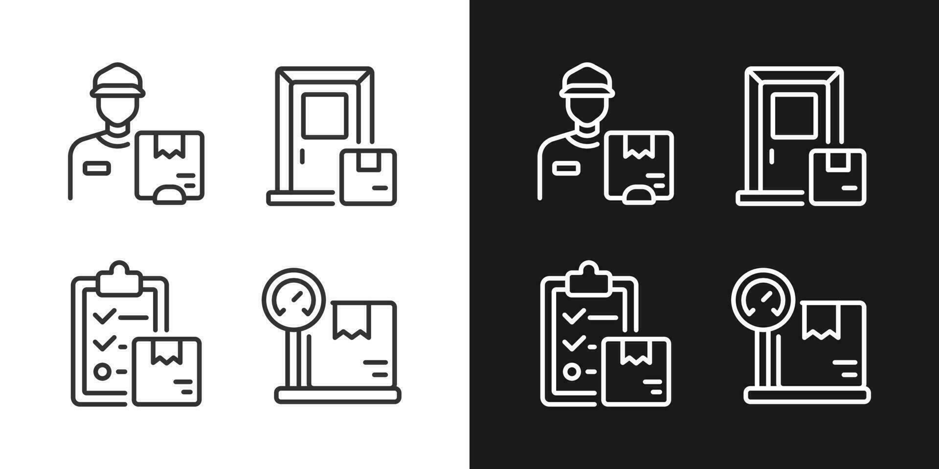 Kurier Bedienung Pixel perfekt Weiß linear Symbol zum dunkel Themen einstellen zum dunkel, Licht Modus. Lieferung Planung. dünn Linie Symbole zum Nacht, Tag Thema. isoliert Illustrationen. editierbar Schlaganfall vektor