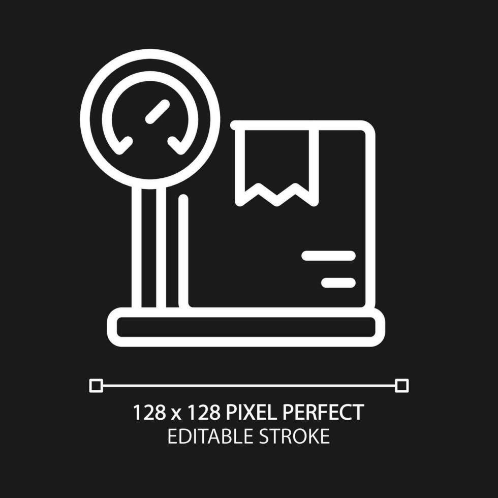 vägning paket för frakt pixel perfekt vit linjär ikon för mörk tema. paket vikt begränsa. leverans. tunn linje illustration. isolerat symbol för natt läge. redigerbar stroke vektor