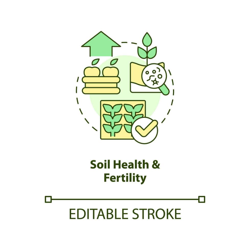 Boden Gesundheit und Fruchtbarkeit Konzept Symbol. regenerativ Landwirtschaft. ökologisch Vorteil abstrakt Idee dünn Linie Illustration. isoliert Gliederung Zeichnung. editierbar Schlaganfall vektor