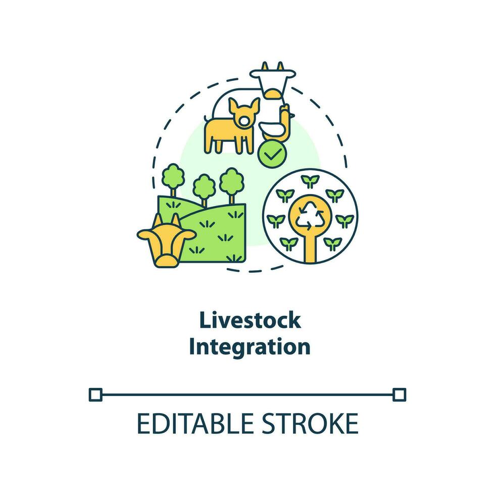 boskap integration begrepp ikon. ekosystem. princip av regenerativ jordbruk abstrakt aning tunn linje illustration. isolerat översikt teckning. redigerbar stroke vektor