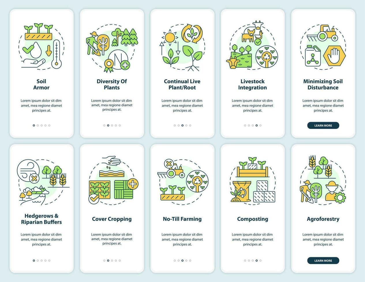 regenerativ Landwirtschaft Onboarding Handy, Mobiltelefon App Bildschirme Satz. Komplettlösung 5 Schritte editierbar Grafik Anleitung mit linear Konzepte. ui, ux, gui Vorlage vektor