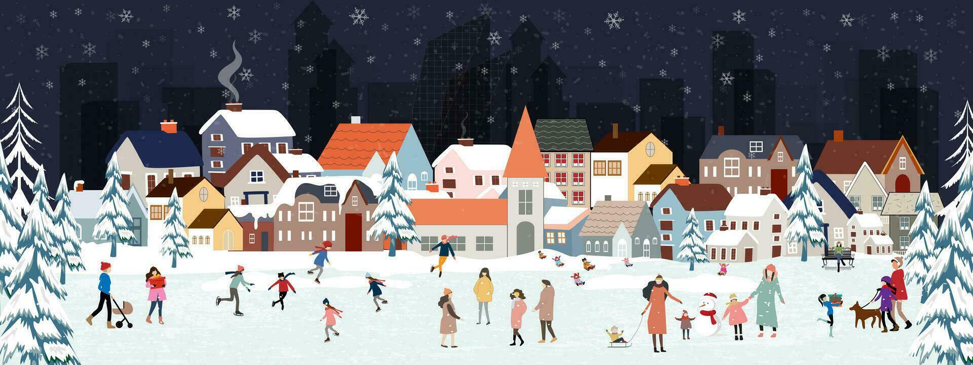 Weihnachten Hintergrund, Winter Nacht mit Menschen feiern auf Weihnachten Vorabend im Stadt park.winter Wunderland im das Stadt, Dorf mit glücklich Kinder spielen im Freien, Vektor Banner zum Neu Jahr 2024 Hintergrund