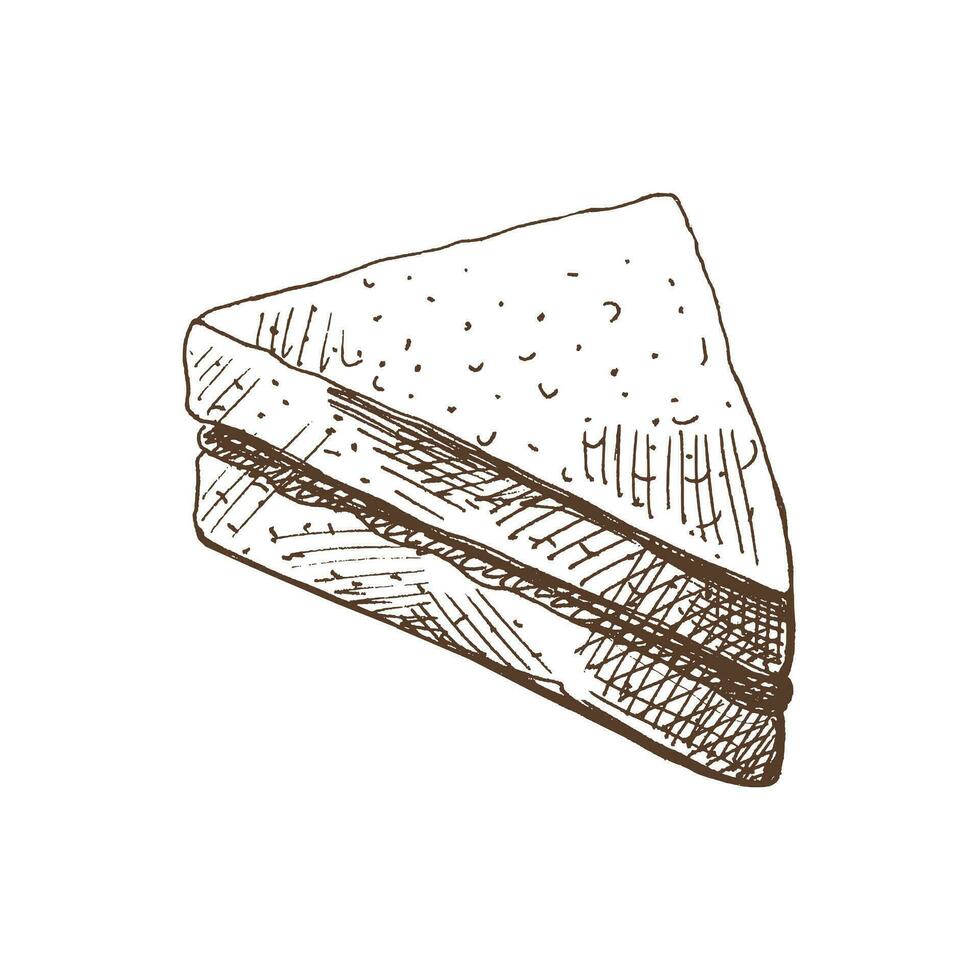 Hand gezeichnet Vektor skizzieren von ein Stück von Sandwich. Gekritzel Jahrgang Illustration. Dekorationen zum das Speisekarte von Cafés und Etiketten. graviert Bild.